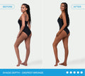 Side-by-side photos show a woman in a black swimsuit: Before with lighter skin, After with a deep bronze glow using BondiSandsEU Ultra Dark Aero Self Tanning Mousse & Application Mitt Bundle. Text: Shade Depth - Deepest Bronze (4 filled circles).