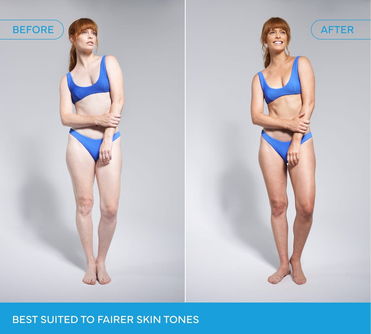 Side-by-side of a red-haired woman in a blue bikini: Left, labeled Before, her skin is pale. Right, labeled After, her skin glows from BondiSandsEU Sapphire Technocolor 1 Hour Express Self Tanning Foam. Text: Best for fairer skin tones.