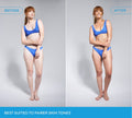 Side-by-side of a red-haired woman in a blue bikini: Left, labeled Before, her skin is pale. Right, labeled After, her skin glows from BondiSandsEU Sapphire Technocolor 1 Hour Express Self Tanning Foam. Text: Best for fairer skin tones.