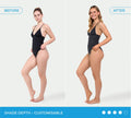 Split image shows a woman in a black swimsuit: left, Before with paler skin; right, After with a Bondi Sands tan. SHADE DEPTH - CUSTOMISABLE, perfect with the BondiSandsEU Express Self Tanning Bundle.