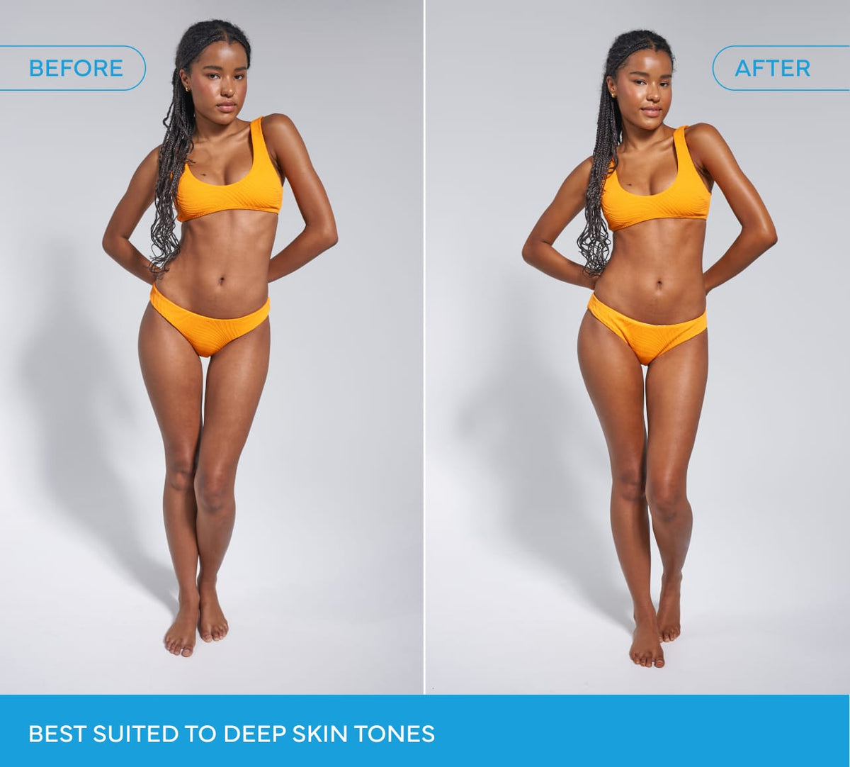 A woman with long braids wears an orange bikini in side-by-side Before and After photos. Her skin is visibly enhanced in the After shot after using BondiSandsEU Caramel Technocolor 1 Hour Express Self Tanning Foam, ideal for deep skin tones.