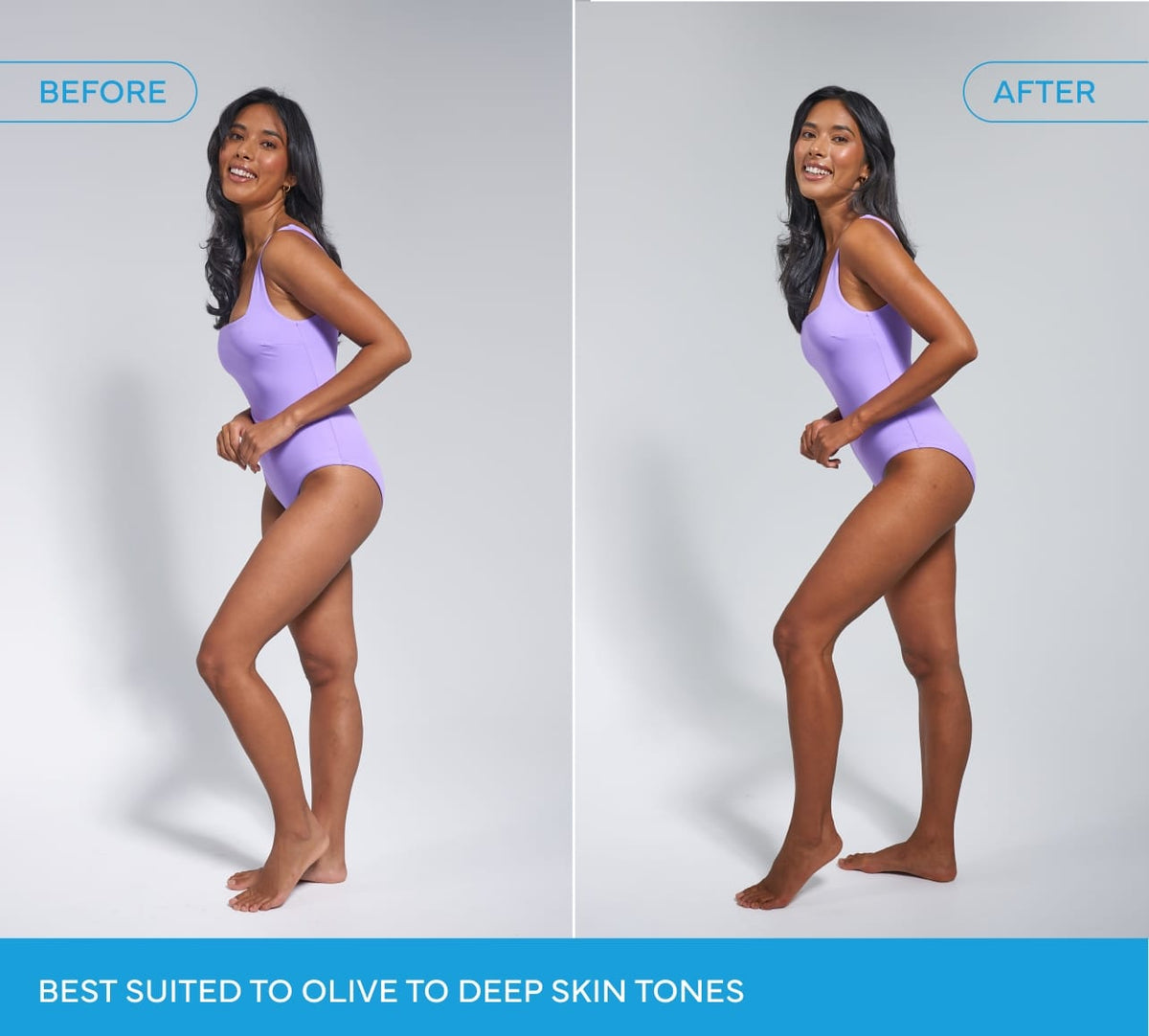 Side-by-side photos show a woman’s transformation with BondiSandsEU Magenta Technocolor 1 Hour Express Self Tanning Foam—before: lighter skin, after: a golden glow. Best for olive to deep skin tones.