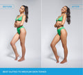 Side-by-side comparison of a woman in a green bikini, labeled “Before” and “After.” The “After” shows glowing, tanned skin from BondiSandsEU Emerald Technocolor 1 Hour Express Self Tanning Foam. Suited to medium skin tones.