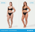 Side-by-side photos of a woman in black underwear labeled Before and After. The After photo shows her with a deeper, even tan after using the BondiSandsEU Express Self Tanning Bundle. Text at bottom reads Shade Depth - Customisable.