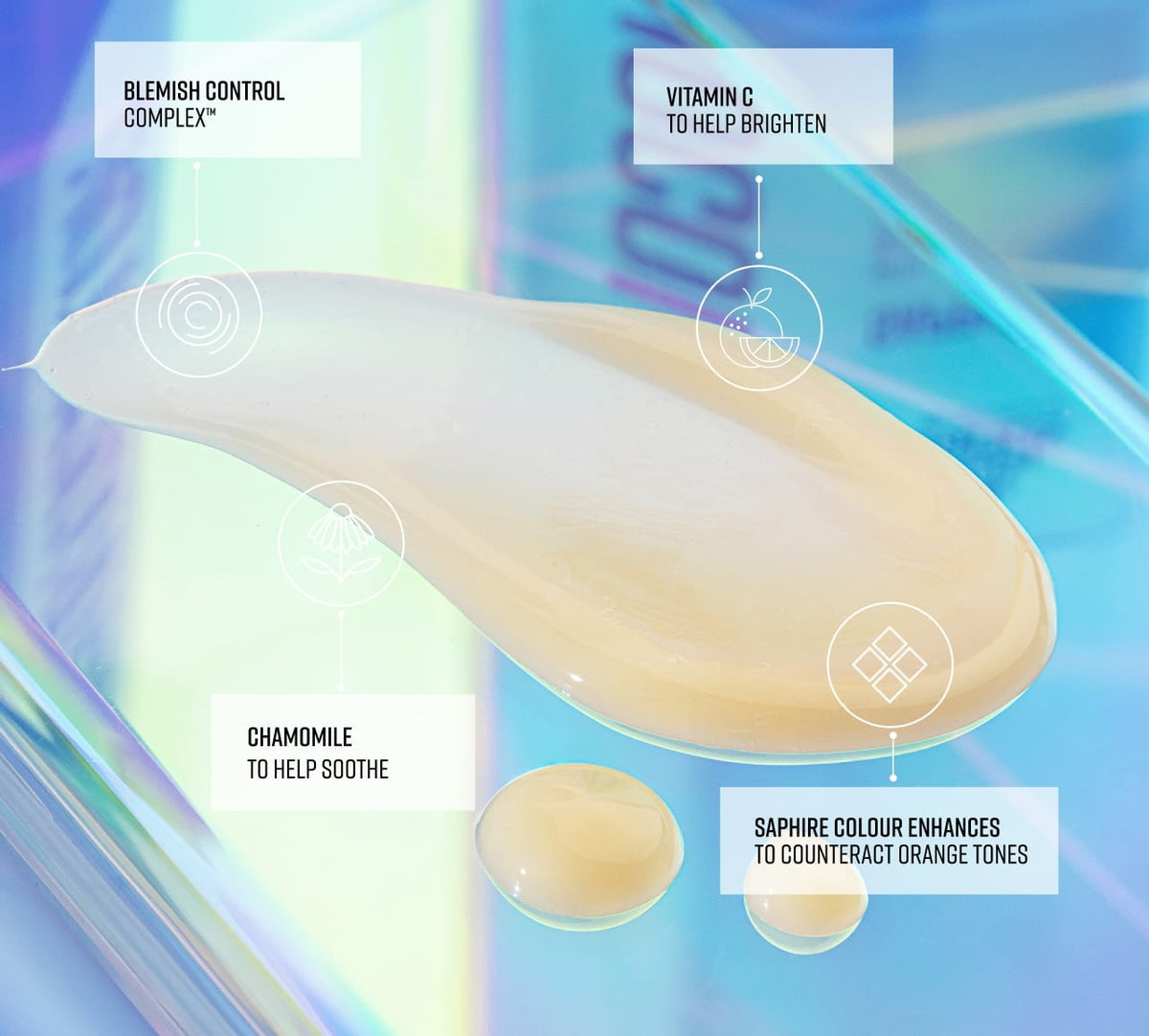 A smear of BondiSandsEU Sapphire Technocolor Self Tanning Face Serum on glass, with callouts for blemish control complex, brightening vitamin C, soothing chamomile, and blue tint to counteract orange tones.