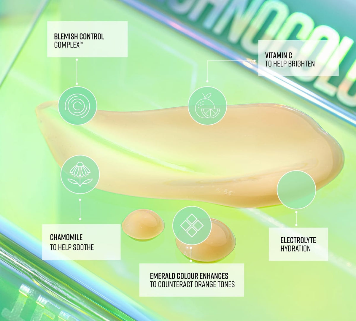 BondiSandsEU’s Emerald Technocolor Self Tanning Face Serum features blemish control, brightening Vitamin C, soothing chamomile, electrolytes for hydration, and an emerald tint to counteract orange—ideal for olive-toned skin. Set against a green neon backdrop.