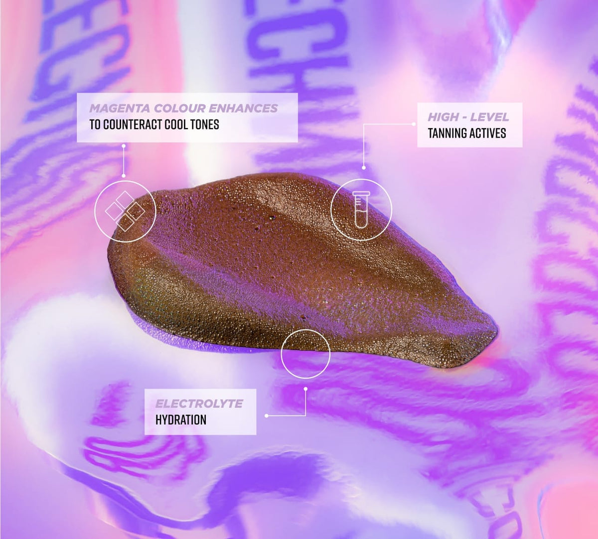 A swatch of BondiSandsEU Magenta Technocolor 1 Hour Express Self Tanning Foam appears on a vibrant pink and purple background, with highlights for magenta colour enhancers, strong tanning actives, and express tan for olive to deep skin.