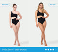 Split image shows a woman in a black one-shoulder swimsuit. Before: fair skin. After: deep bronze—achieved with BondiSandsEU Dark Self Tanning Routine Bundle. Caption: Shade Depth - Deep Bronze.