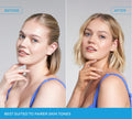 Side-by-side photos show a woman before and after using BondiSandsEU Sapphire Technocolor Self Tanning Face Serum, with smoother skin and a blue top. Text: Before, After, Best suited to fairer skin tones.