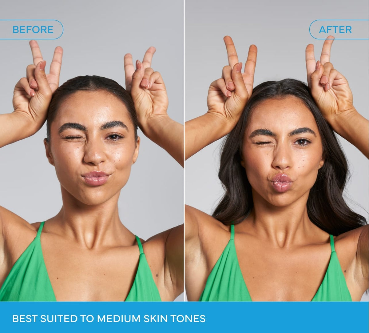 Side-by-side before and after images show a woman in a green top making a playful face, highlighting varied hair textures and an olive-toned tan using BondiSandsEU Emerald Technocolor Self Tanning Face Serum. Caption: Best for medium skin tones.