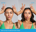 Side-by-side before and after images show a woman in a green top making a playful face, highlighting varied hair textures and an olive-toned tan using BondiSandsEU Emerald Technocolor Self Tanning Face Serum. Caption: Best for medium skin tones.