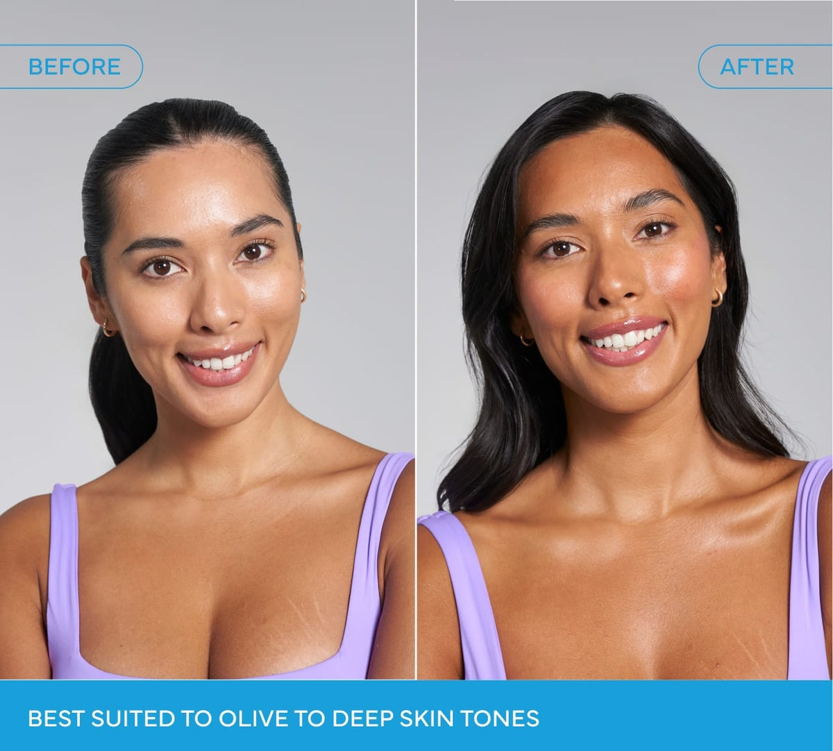 Split image shows a woman with olive skin tone in a purple top, smiling before and after using BondiSandsEU Magenta Technocolor Self Tanning Face Serum. Text: Ideal for olive-deep skin tones for a natural glow.