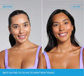 Split image shows a woman with olive skin tone in a purple top, smiling before and after using BondiSandsEU Magenta Technocolor Self Tanning Face Serum. Text: Ideal for olive-deep skin tones for a natural glow.
