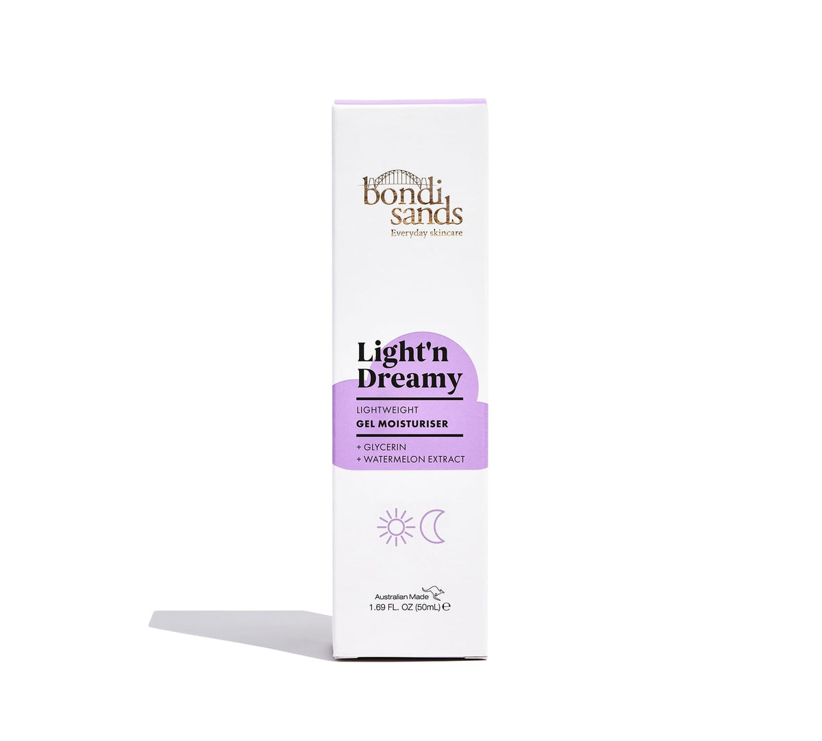 A white box of BondiSandsEU Light'n Dreamy Gel Moisturiser with a purple label displays icons and text for lightweight hydration, glycerin, and watermelon extract. Ideal for oily skin, the box stands upright on a white background.