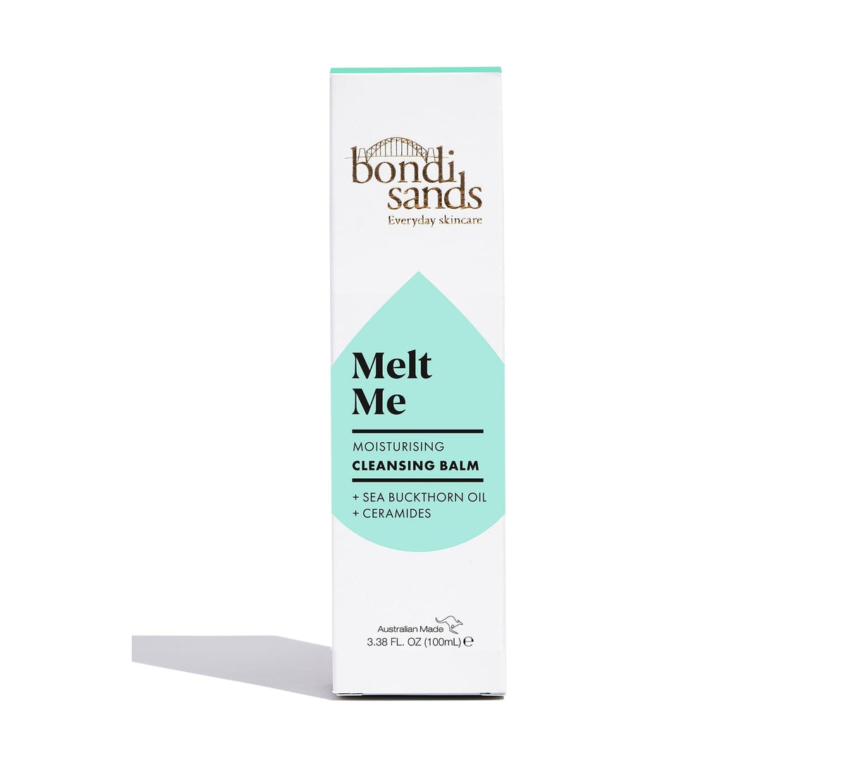 A BondiSandsEU Melt Me Cleansing Balm box, 3.38 fl oz (100 mL), a hydrating cleanser and makeup remover with sea buckthorn oil and ceramides, stands upright against a white background.
