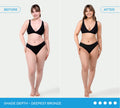 Side-by-side comparison of a woman in a black bikini, labeled Before and After. Her skin tone is much deeper in the After image thanks to BondiSandsEU Express Aero Self Tanning Mousse. Bottom text: Shade Depth – Deepest Bronze.