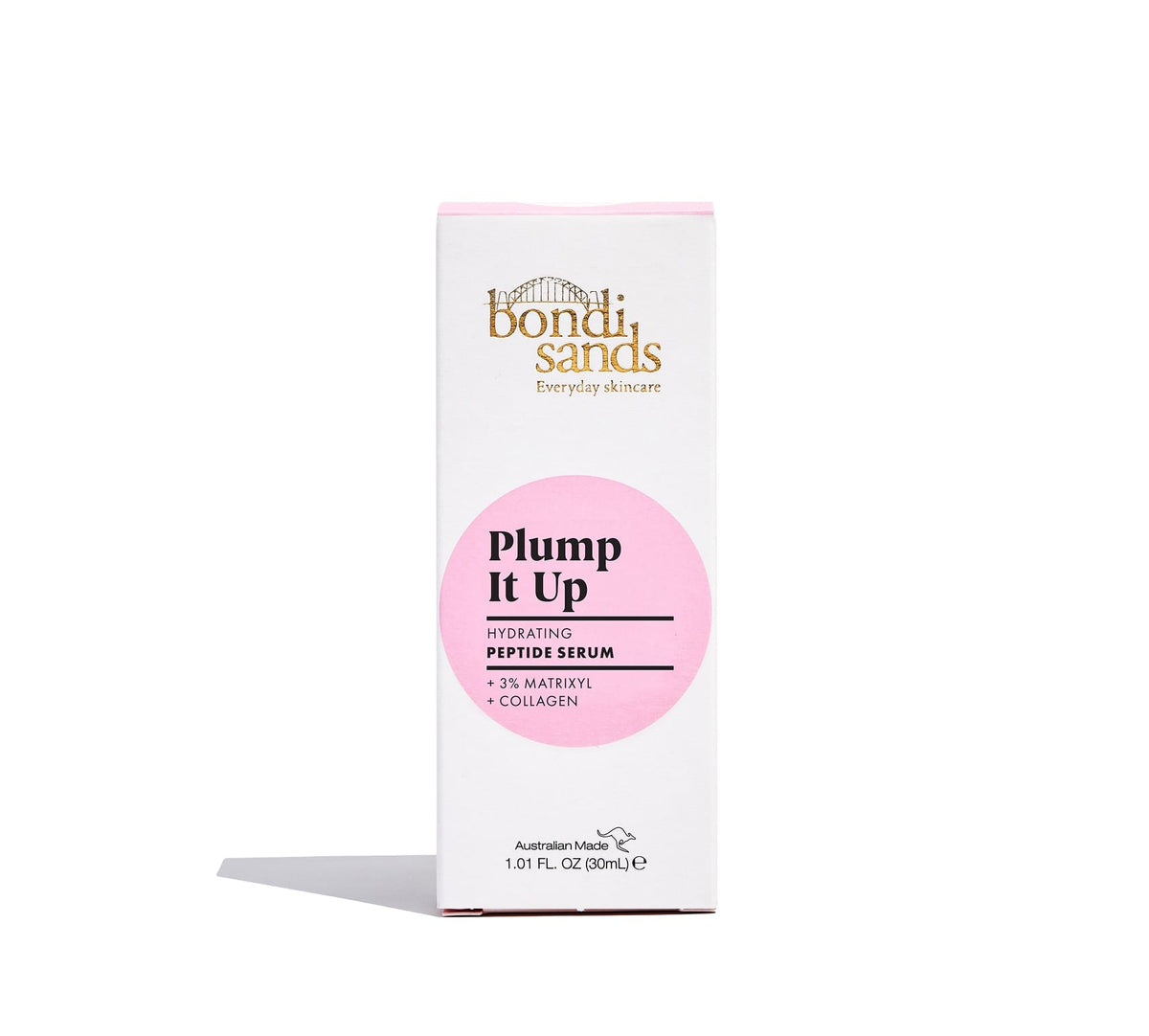 A white and pink box of BondiSandsEU Plump It Up Peptide Serum with gold and black text, featuring 5% Matrixyl, collagen, and a 1.01 fl oz (30ml) size—ideal for plump, hydrated skin seekers.