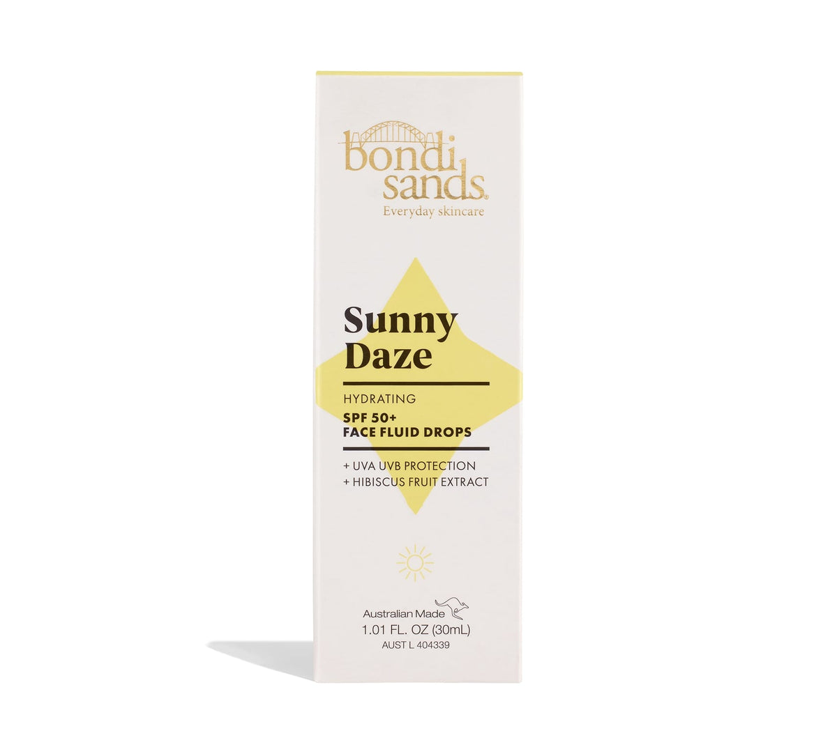 A white rectangular box of BondiSandsEU Sunny Daze Hydrating SPF 50+ Face Fluid Drops, with yellow accents and front details highlighting UVA/UVB protection and hibiscus fruit extract.