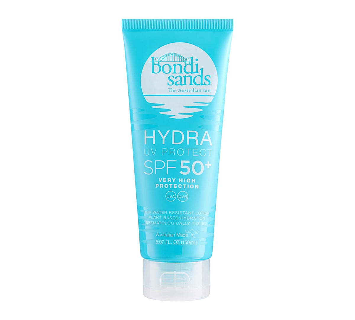 A blue tube of BondiSandsEU Hydra UV Protect SPF 50+ Body Lotion, offering broad spectrum UV protection and very high water resistance. Features white and silver text, a flip-top cap, and contains 150 mL (5.07 fl oz).