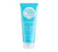 A blue tube of BondiSandsEU Hydra UV Protect SPF 50+ Body Lotion, offering broad spectrum UV protection and very high water resistance. Features white and silver text, a flip-top cap, and contains 150 mL (5.07 fl oz).