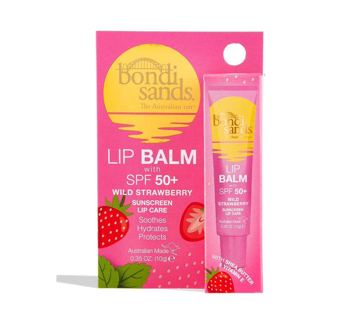 BondiSandsEU’s Strawberry SPF 50+ Lip Balm comes in pink packaging with strawberry graphics, a clear window showing the tube, and features a hydrating wild strawberry flavor.