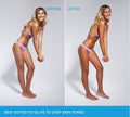 A woman in a lavender bikini shown before and after using BondiSandsEU Magenta Technocolor 1 Hour Express Self Tanning Foam, which is best suited to olive to deep skin tones.