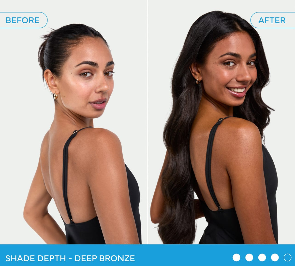 Side-by-side photos of a woman in a black top labeled Before and After. Before: her hair is tied back. After: her hair is loose, wavy, and her complexion glows from BondiSandsEU Dark Self Tanning Face Drops. Text reads Shade Depth – Deep Bronze.