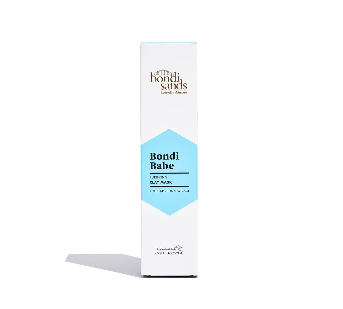 A white rectangular box of BondiSandsEU Bondi Babe Clay Mask with blue accents and product details on the front, standing upright on a white background—ideal for detoxifying and revealing glowing skin.