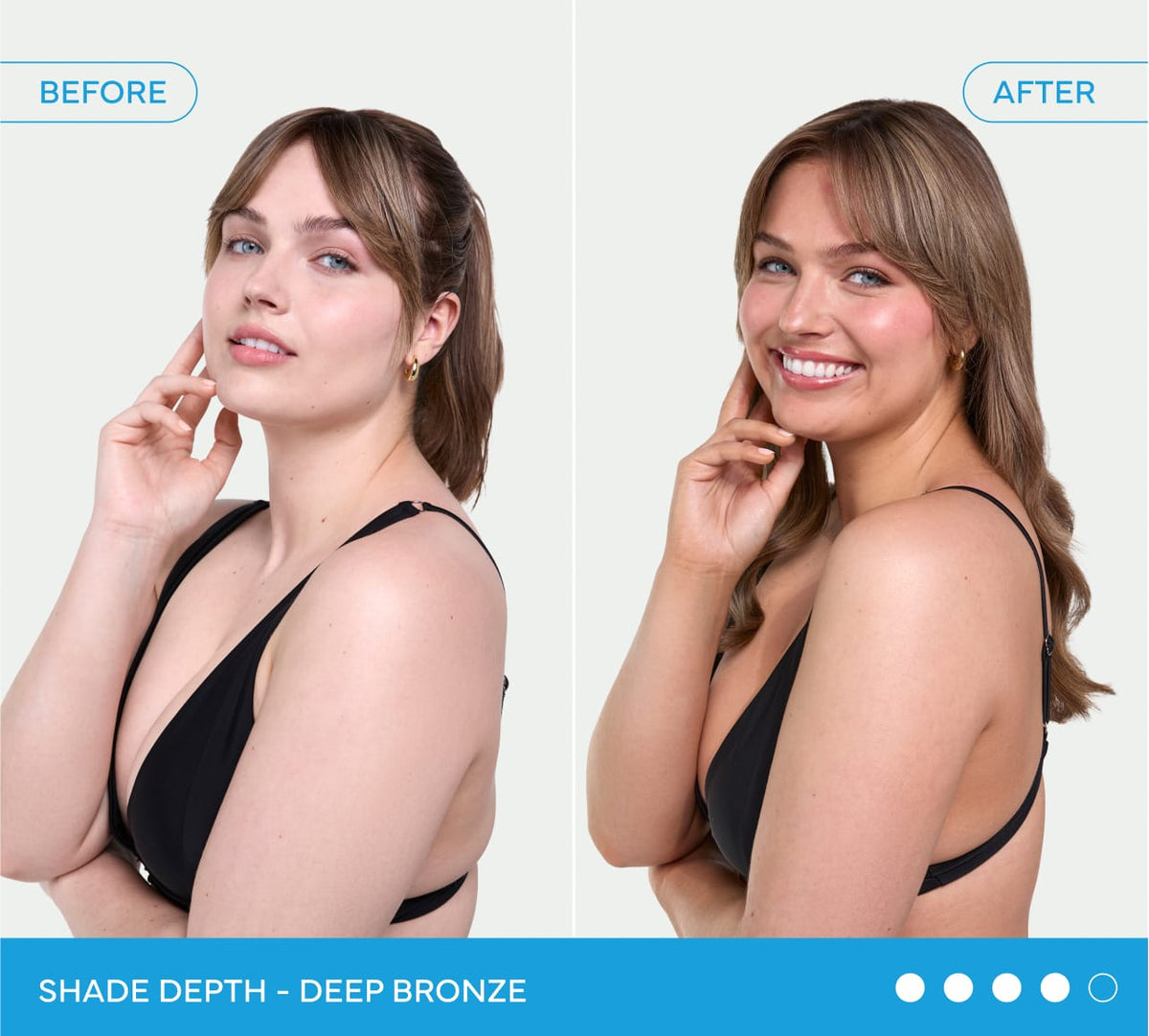 Side-by-side images of a woman in a black top, labeled Before and After. In the After, her skin looks more bronzed and glowing after using BondiSandsEU Dark Self Tanning Face Drops. Text: Shade Depth - Deep Bronze.