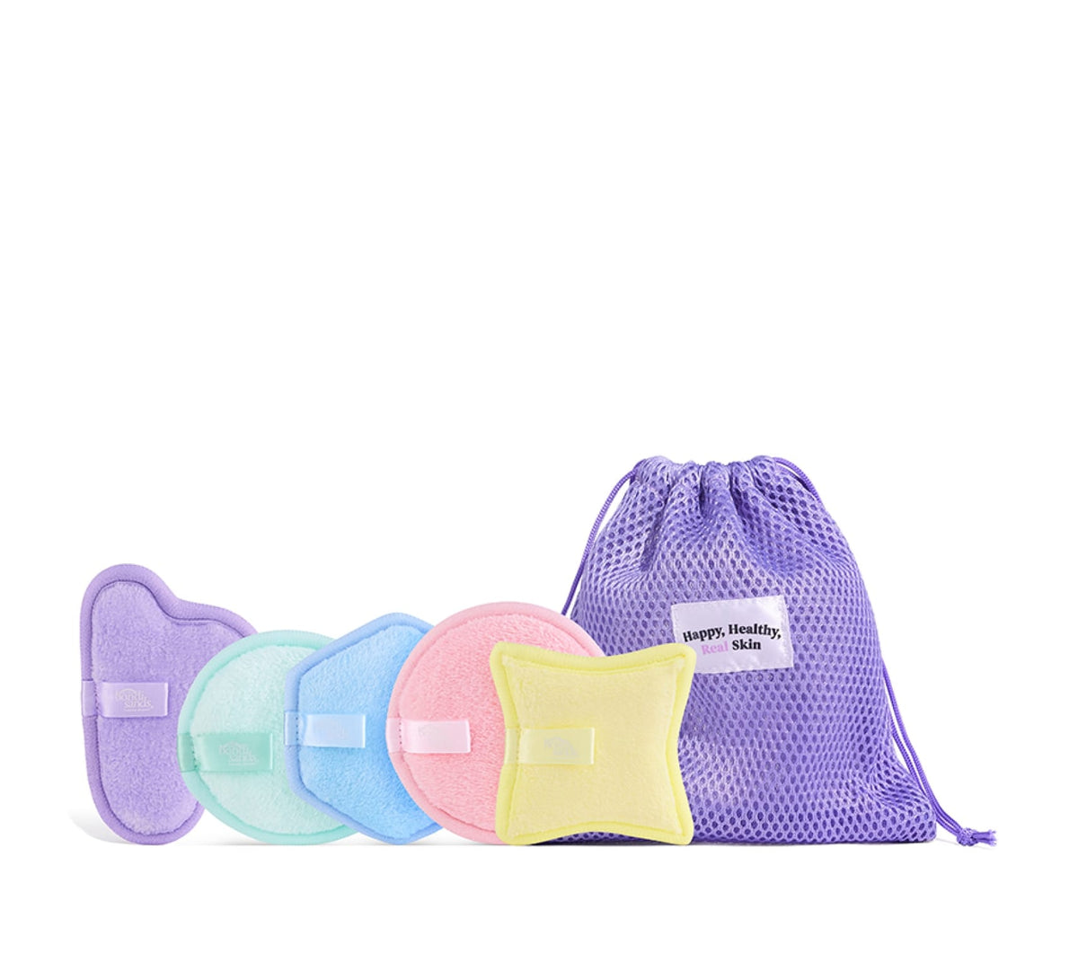 The BondiSandsEU Squeaky Clean Reusable Makeup Pads come in a set of five colorful shapes, shown in front of a purple mesh drawstring bag labeled "Happy. Healthy. Skin.