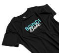 The BondiSandsEU Bondi Babe Self Tanning Tee features bold blue and white "BONDI Babe" lettering on black—laid flat, it's the ideal blend of comfort and style for sleep or lounging.