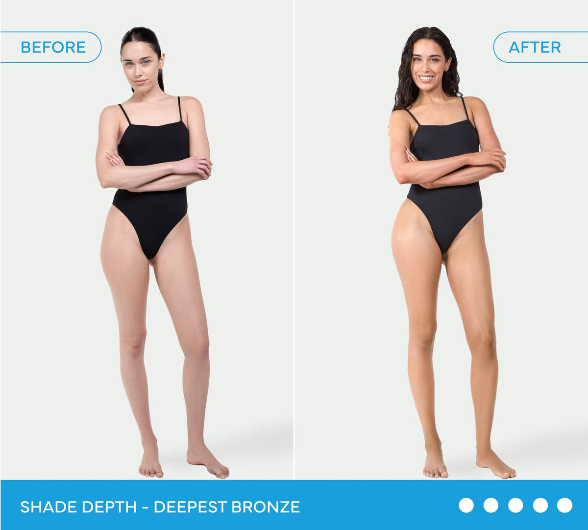 Split image of a woman in a black swimsuit before and after using BondiSandsEU Express Aero Self Tanning Mousse; left shows her fair skin, right reveals a deep bronze tan. Text: “Shade Depth – Deepest Bronze.”.