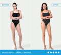 Split image of a woman in a black swimsuit before and after using BondiSandsEU Express Aero Self Tanning Mousse; left shows her fair skin, right reveals a deep bronze tan. Text: “Shade Depth – Deepest Bronze.”.