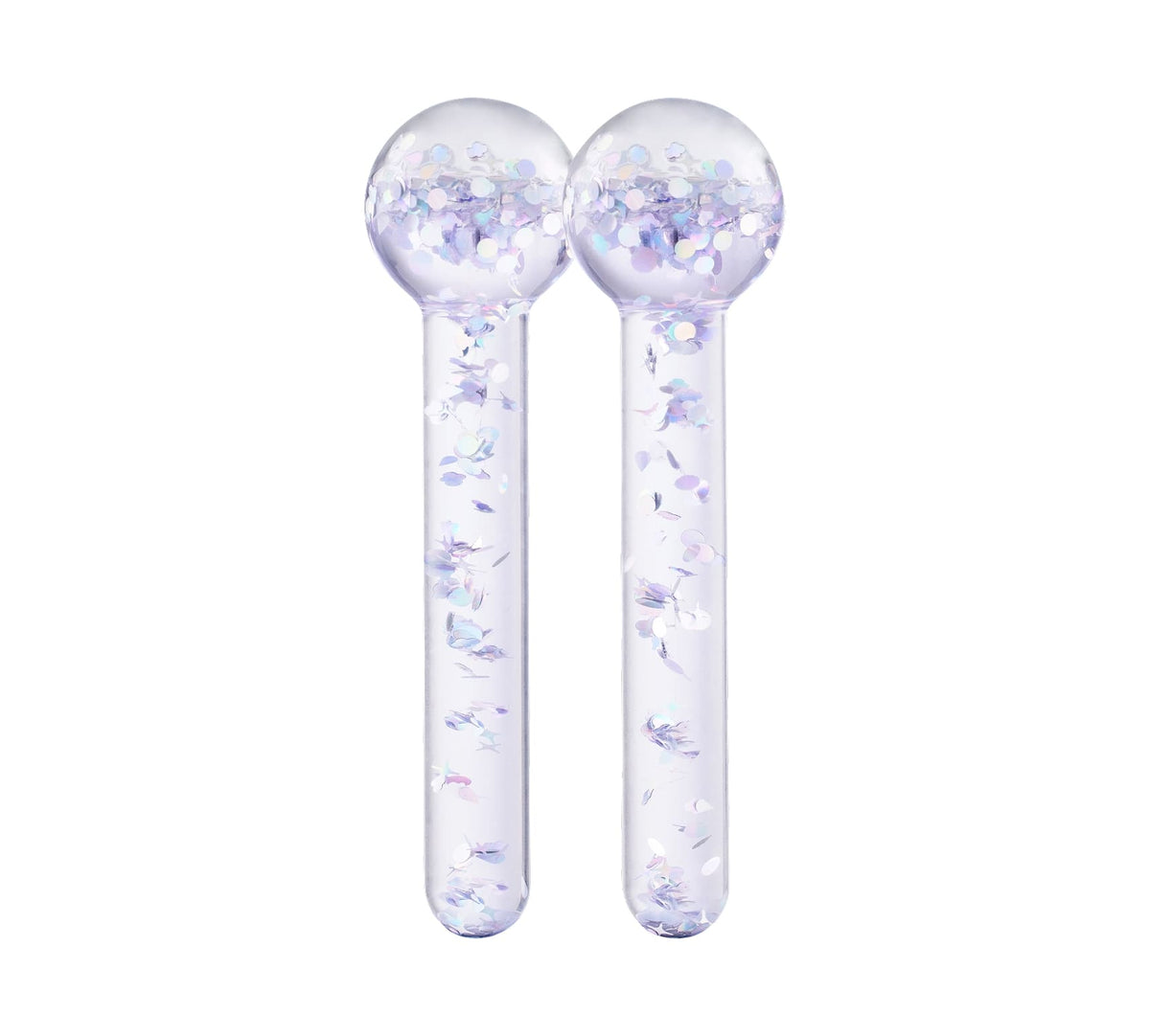 The BondiSandsEU De Puff Cooling Facial Globes feature two clear wands filled with iridescent purple and blue glitter, ideal for de-puffing and lymphatic drainage treatments.