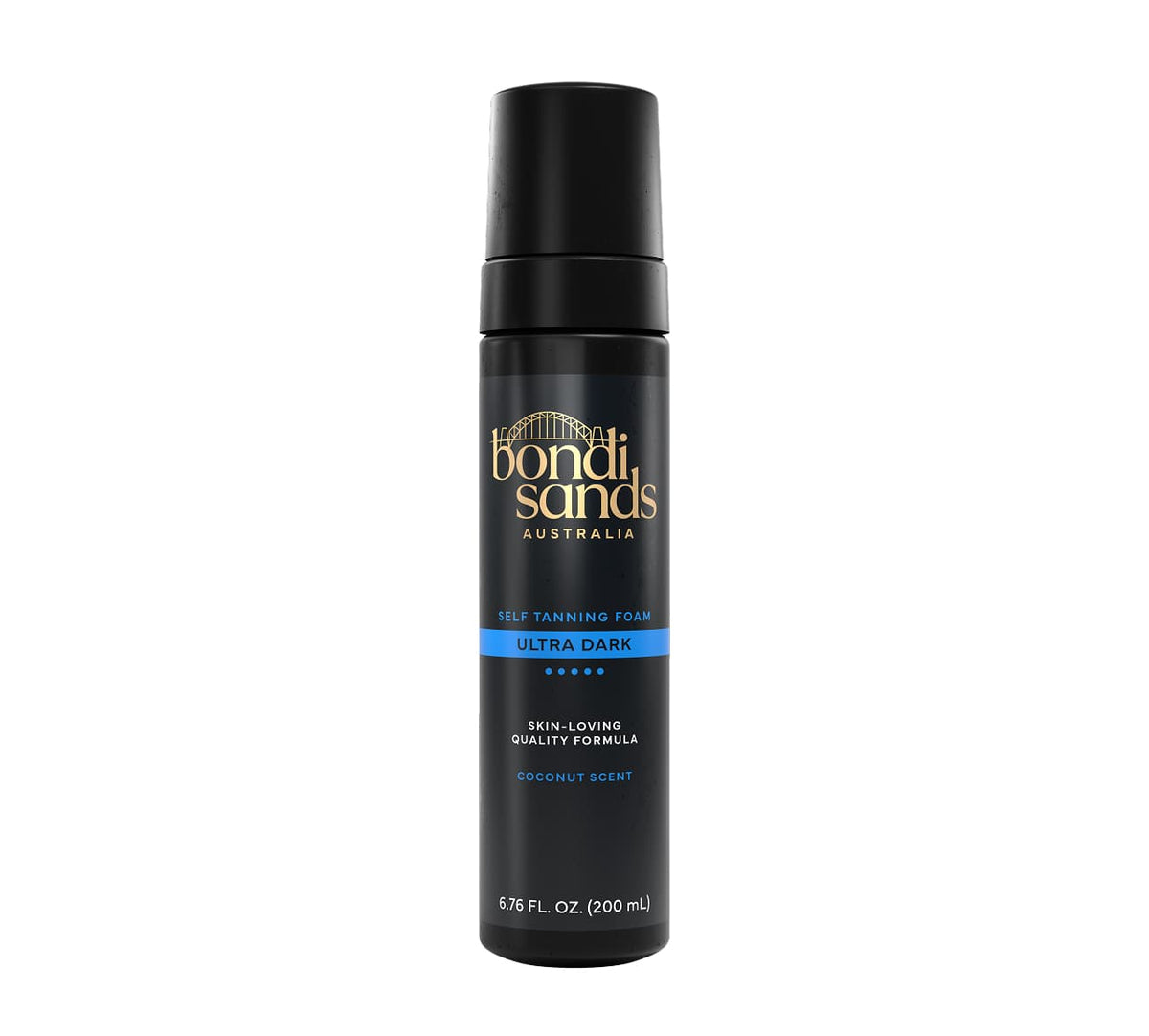 A 200 mL black bottle of BondiSandsEU Ultra Dark Self Tanning Foam with a blue label, coconut scent, and pump dispenser. Includes Application Mitt for best results. Bundle size: 6.76 fl. oz.