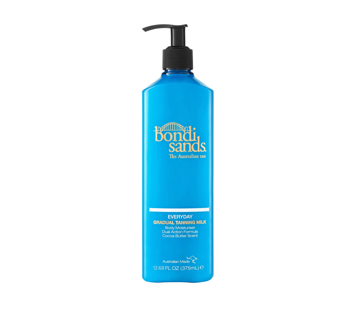 A blue bottle from the BondiSandsEU Gradual Tanning Essentials Bundle with a black pump, gold and white text, and 12.6 fl oz (375 mL) of gradual self tanning lotion for glowing skin every day.