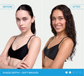 Side-by-side: a woman before and after using BondiSandsEU Light-Medium Self Tanning Face Drops. Left shows her lighter skin; right, she wears a black top, smiles, and has a bronzed look. Text: Shade Depth - Soft Bronze.
