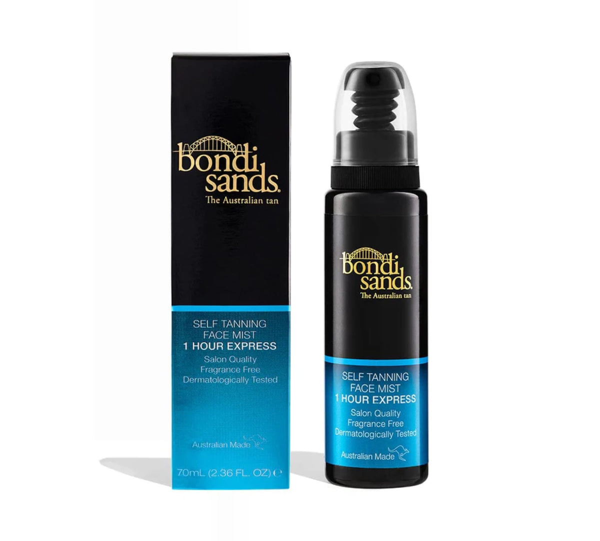 A black bottle of BondiSandsEU 1 Hour Express Self Tanning Face Mist is displayed beside its matching black and blue box, both featuring gold and white lettering with signature Australian branding for a radiant glow.