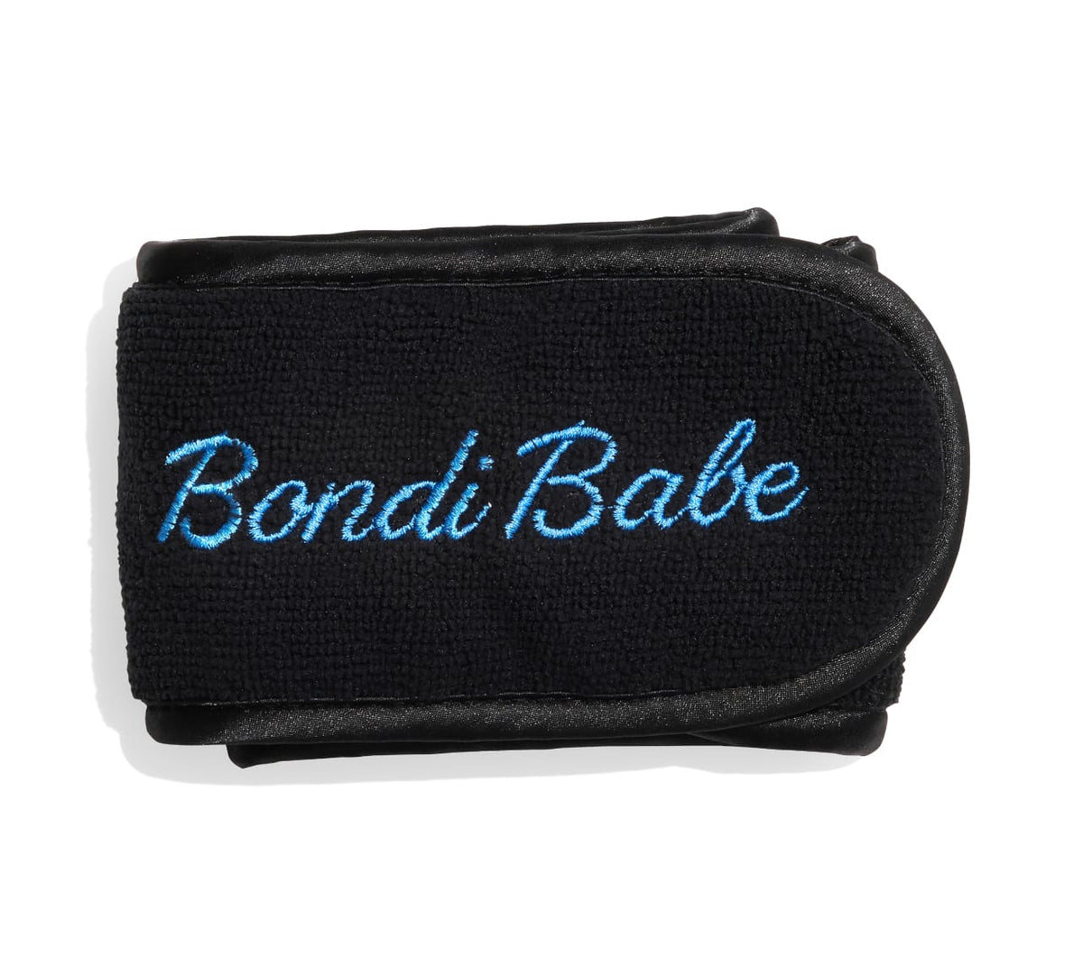 The Light-Medium Get Glowing 3 Piece Starter Kit by Bondi Sands Europe features a black fabric strap embroidered with "Bondi Babe" in light blue cursive—an ideal accessory for streak-free tanning and flawless self tan application.