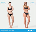 Side-by-side comparison of a woman in black underwear: on the left, her skin is lighter (before); on the right, after using BondiSandsEU Liquid Gold Aero Self Tanning Mousse Bundle with a mitt, her skin appears visibly tanned—Shade Depth: Golden.