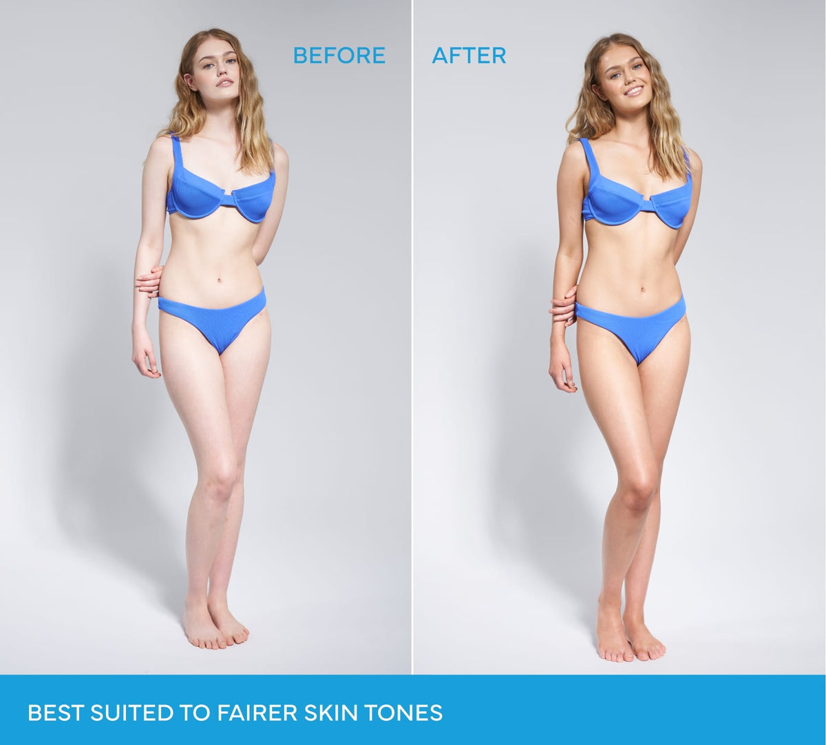 A split-screen comparison of a woman in a blue bikini showing her skin tone before and after using Sapphire Technocolor 1 Hour Express Self Tanning Foam, with text at the bottom reading Best suited to fairer skin tones.
