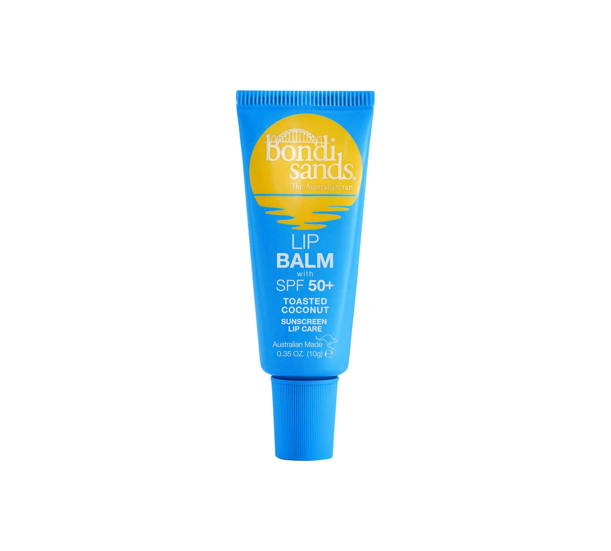 A blue tube of BondiSandsEU SPF 50+ Lip Balm Bundle in toasted coconut flavor, with yellow and white text, a sun graphic, and 10g (0.35 oz) for ultimate sun protection.