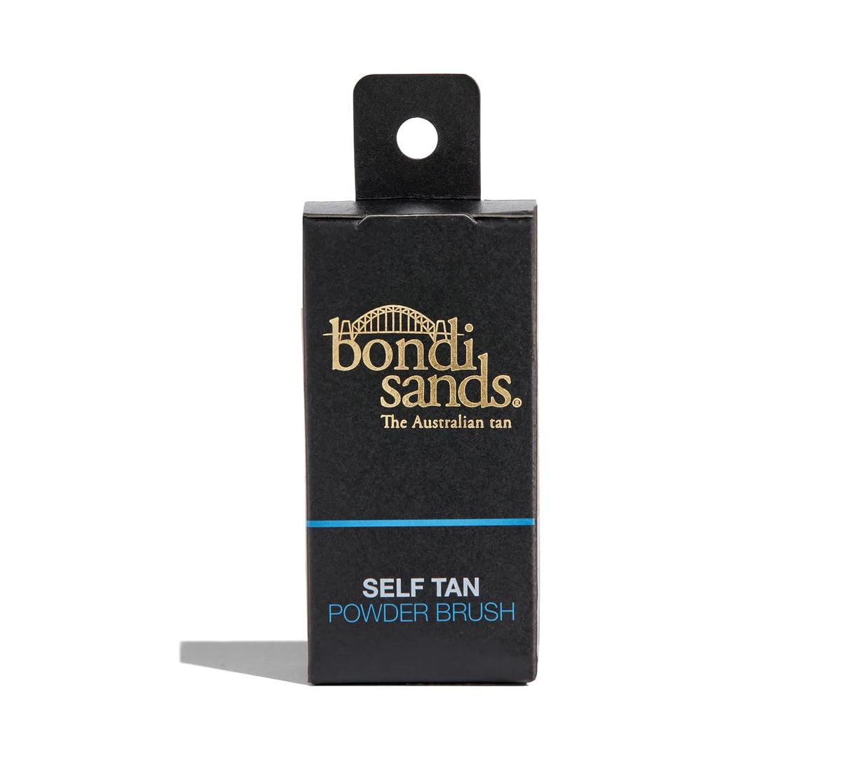 A black rectangular BondiSandsEU Powder Brush box for Self Tan Drying Powder features gold and white text, a cut-out hanging tab at the top, and is set against a white background for a flawless glow.