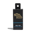 A black rectangular BondiSandsEU Powder Brush box for Self Tan Drying Powder features gold and white text, a cut-out hanging tab at the top, and is set against a white background for a flawless glow.