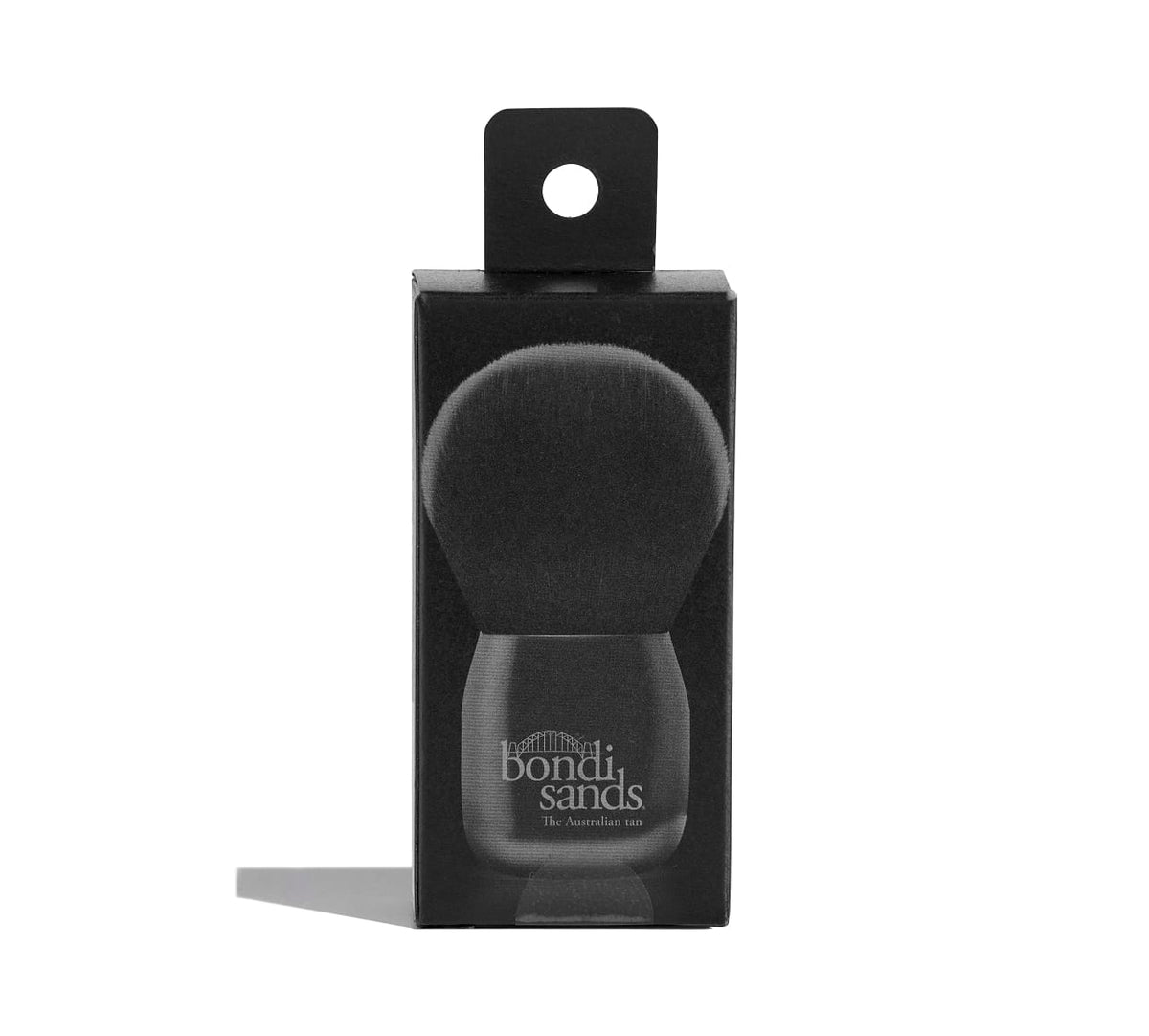 The BondiSandsEU Powder Brush features a sleek black handle and bristles, displayed upright on a white background—perfect for applying self-tan drying powder for a flawless glow.