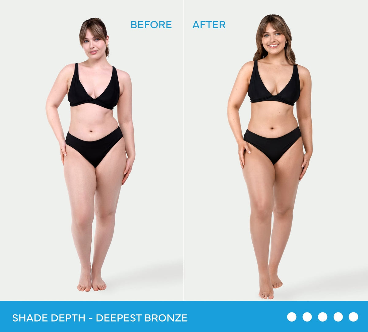 A person in a black bikini shown before and after using BondiSandsEU Express Aero Self Tanning Mousse to achieve a deeper glow.
