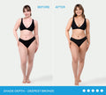 A person in a black bikini shown before and after using BondiSandsEU Express Aero Self Tanning Mousse to achieve a deeper glow.