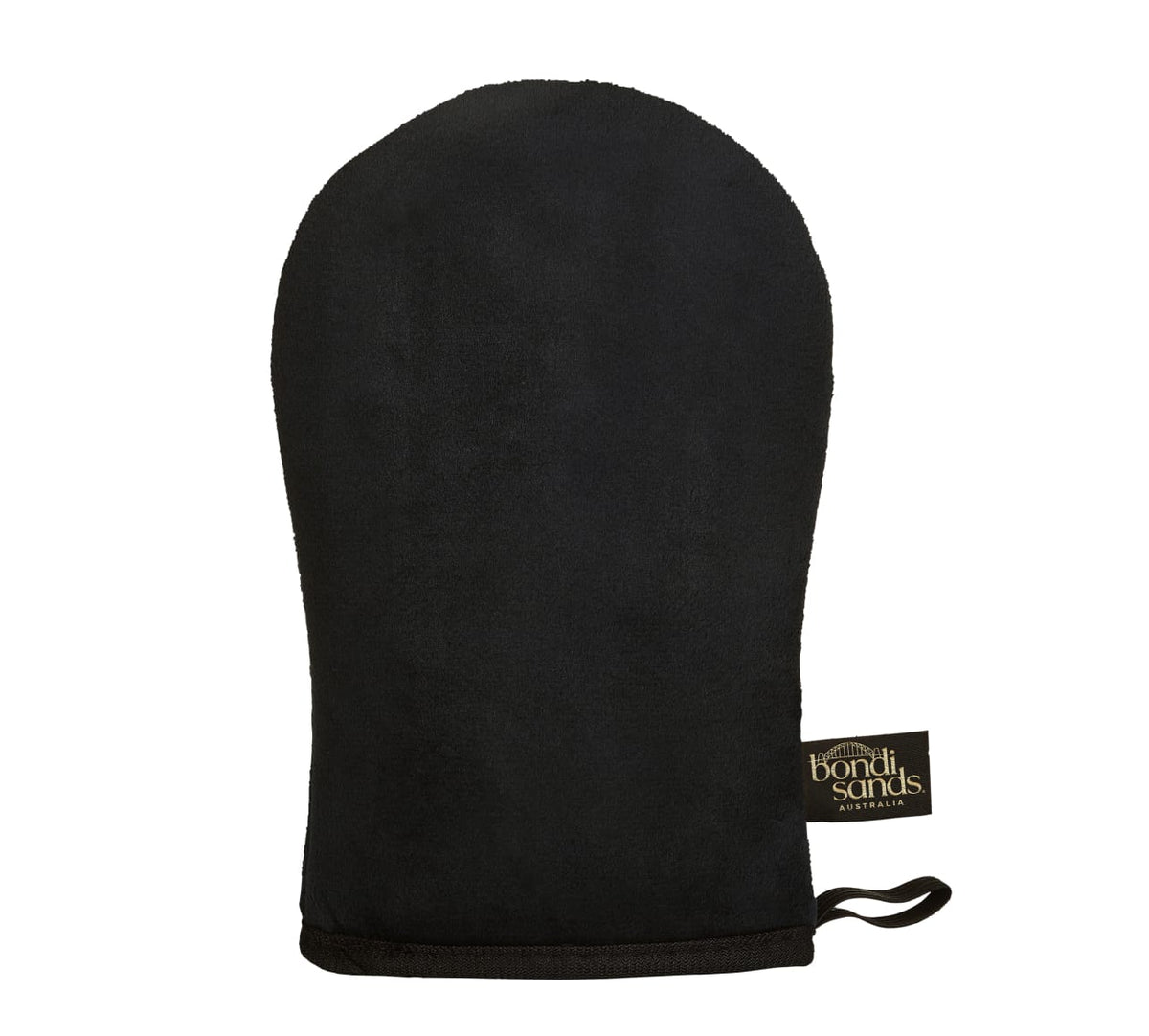 A black, soft-textured mitt with rounded edges and a loop, featuring a “Bondi Sands Europe” tag—ideal for pairing with the Dark Get Glowing 3 Piece Starter Kit or as part of a tanning gift set.