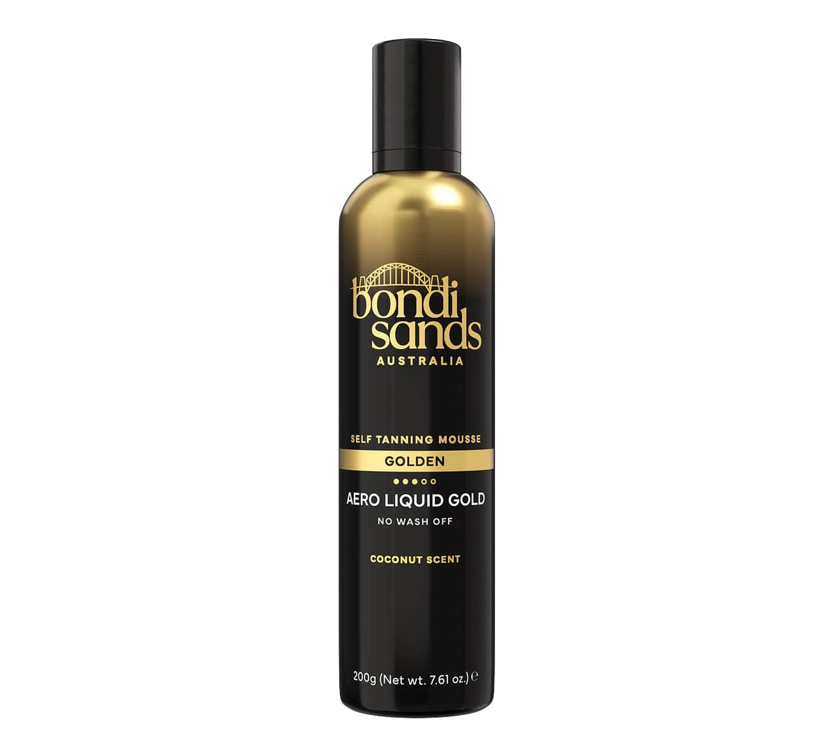 The BondiSandsEU Liquid Gold Aero Self Tanning Mousse & Application Mitt Bundle features a black and gold 200g pump bottle with coconut scent for a streak-free, golden tan. Includes mitt for easy application.