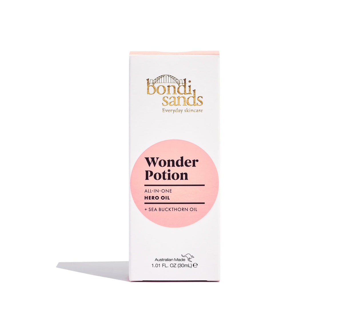 A white rectangular box of BondiSandsEU Wonder Potion Hero Oil, with gold and pink accents and “Sea Buckthorn Oil” on the front, designed to nourish your skin.